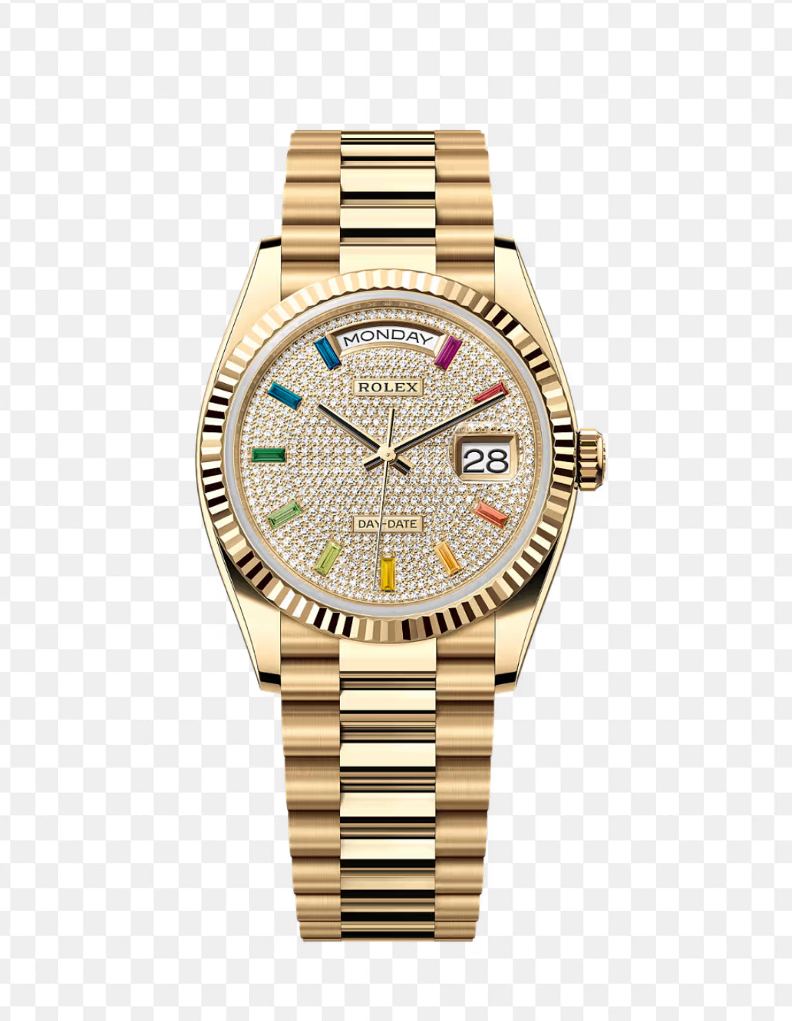 Gold Day Date 40mm Watch Fluted Bezel Diamond Paved Rainbow Sapphire Dial