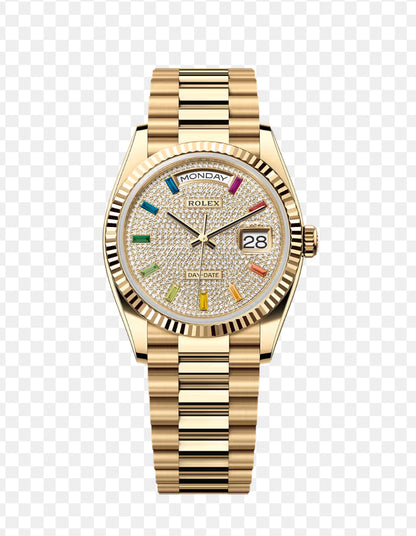 Gold Day Date 40mm Watch Fluted Bezel Diamond Paved Rainbow Sapphire Dial