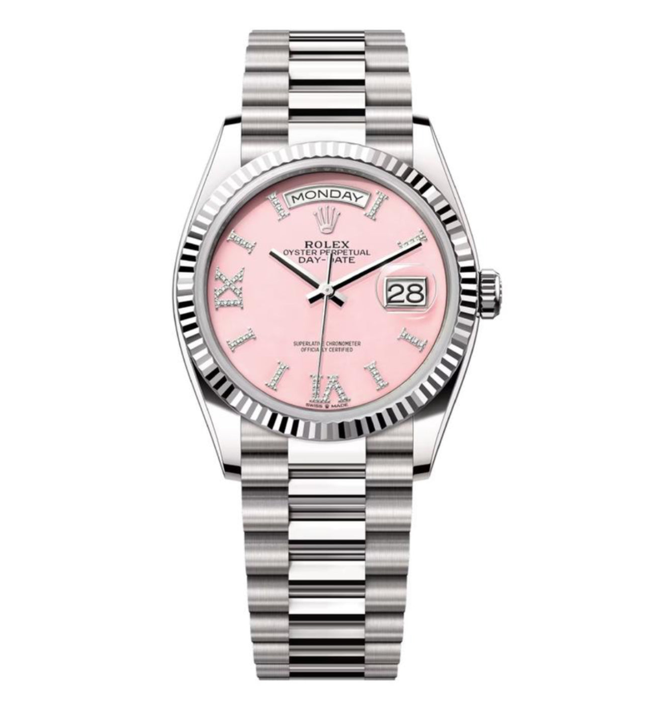 Rolex Day-Date 36 36mm Day Date 12834 White Gold with Diamond Bezel Pink Opal Dial