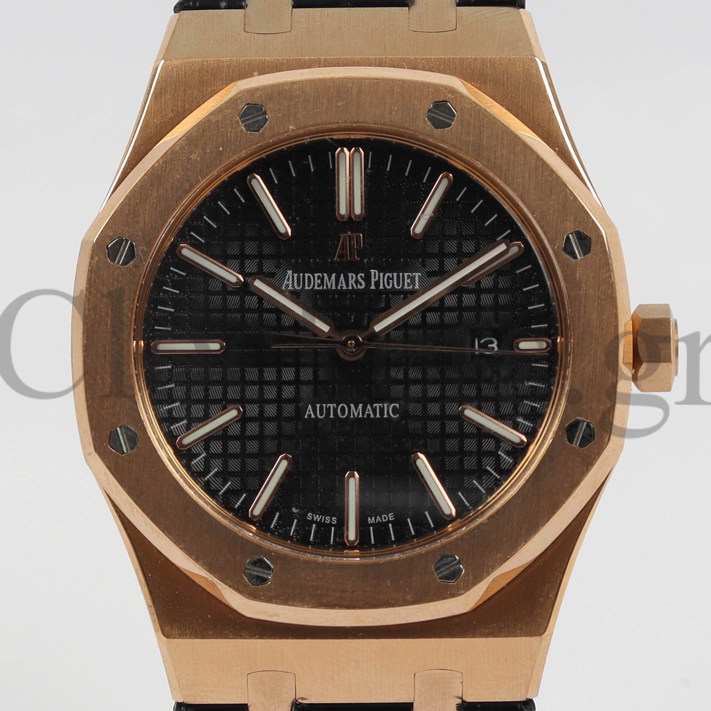AUDEMARS PIGUET ROYAL OAK ROSE GOLD BLACK LEATHER WATCH - 41MM