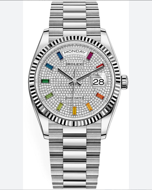 Day Date 40MM Watch Fluted Bezel Diamond Paved Rainbow Sapphire Dial