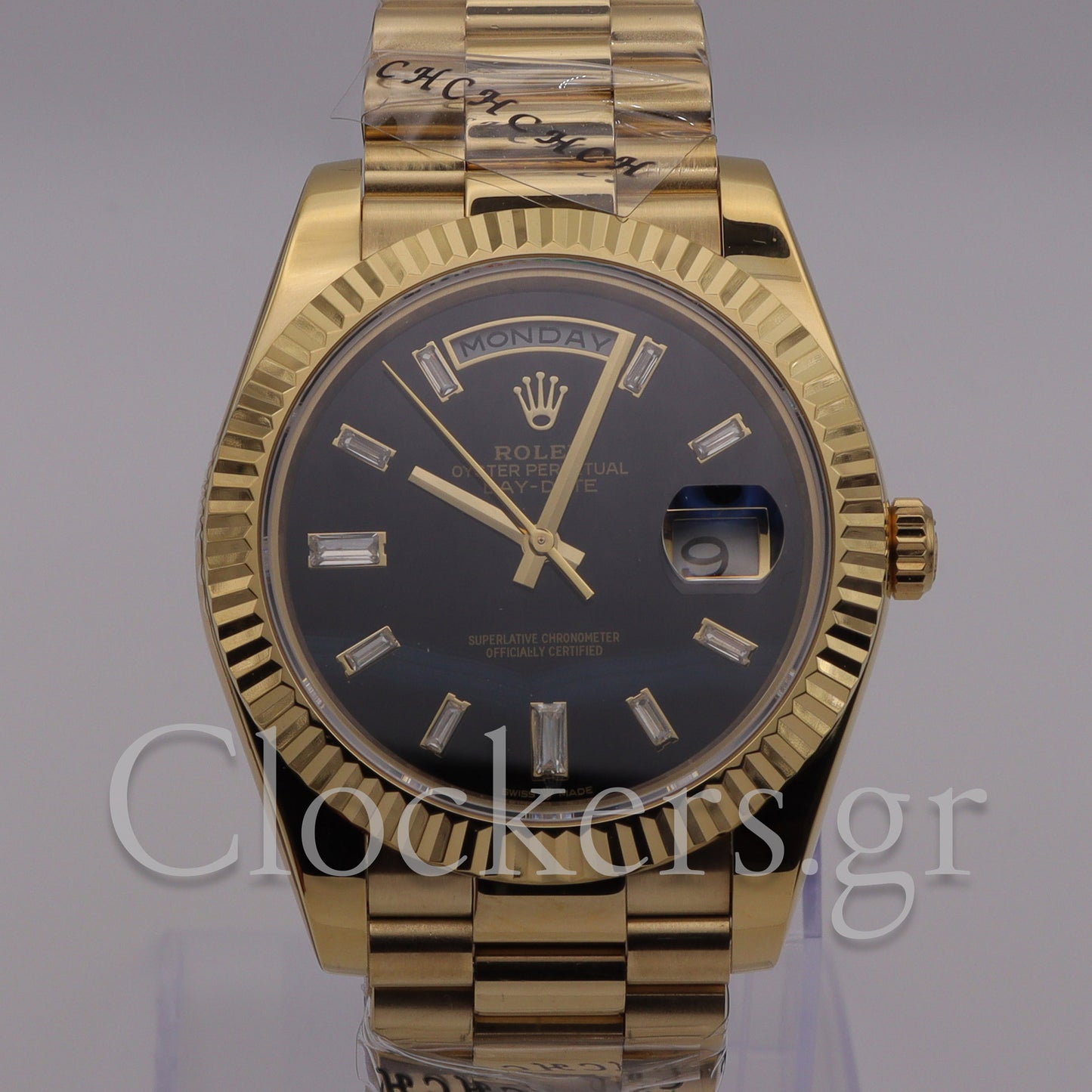 DAY-DATE BLACK DIAL DIAMOND MARKERS FLUTED BEZEL GOLD