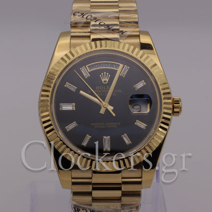 DAY-DATE BLACK DIAL DIAMOND MARKERS FLUTED BEZEL GOLD