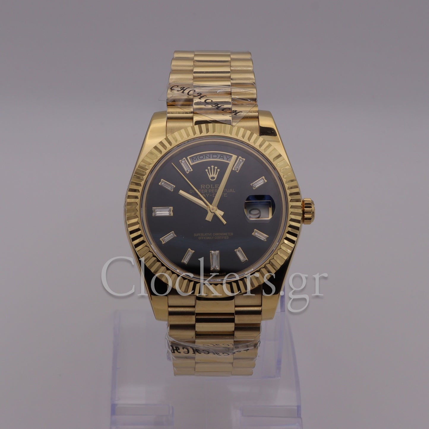 DAY-DATE BLACK DIAL DIAMOND MARKERS FLUTED BEZEL GOLD