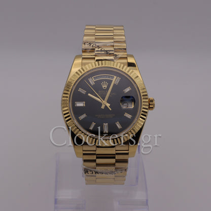 DAY-DATE BLACK DIAL DIAMOND MARKERS FLUTED BEZEL GOLD