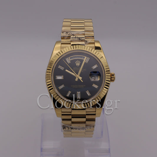 DAY-DATE BLACK DIAL DIAMOND MARKERS FLUTED BEZEL GOLD