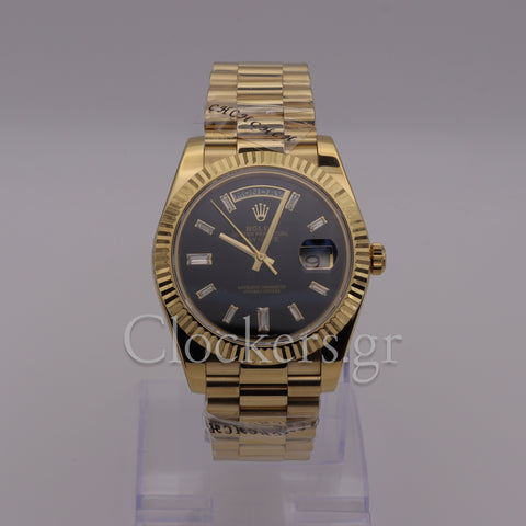 DAY-DATE BLACK DIAL DIAMOND MARKERS FLUTED BEZEL GOLD