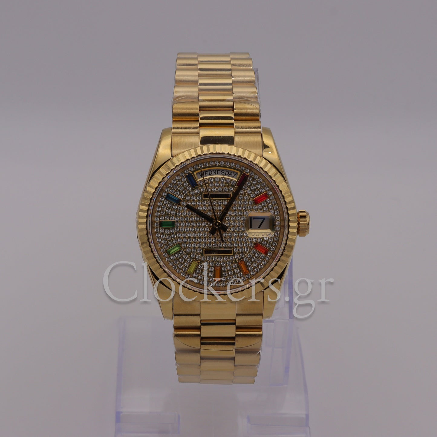GOLD DAY DATE 36MM WATCH FLUTED BEZEL DIAMOND PAVED RAINBOW SAPPHIRE DIAL