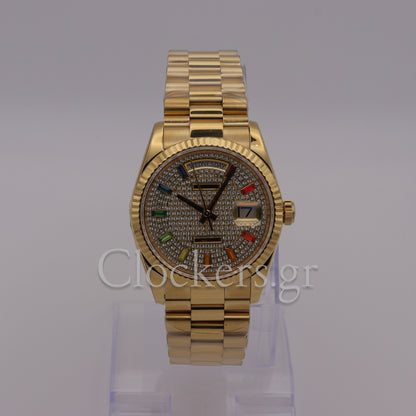 GOLD DAY DATE 36MM WATCH FLUTED BEZEL DIAMOND PAVED RAINBOW SAPPHIRE DIAL