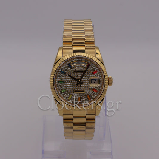 GOLD DAY DATE 36MM WATCH FLUTED BEZEL DIAMOND PAVED RAINBOW SAPPHIRE DIAL