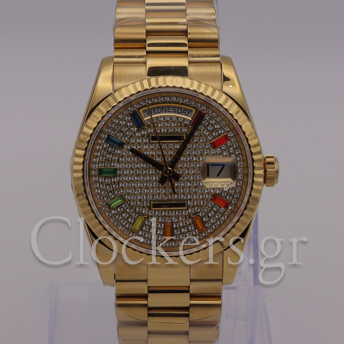 GOLD DAY DATE 36MM WATCH FLUTED BEZEL DIAMOND PAVED RAINBOW SAPPHIRE DIAL
