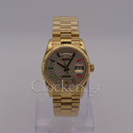 GOLD DAY DATE 36MM WATCH FLUTED BEZEL DIAMOND PAVED RAINBOW SAPPHIRE DIAL
