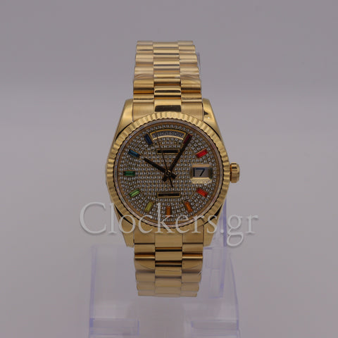 GOLD DAY DATE 36MM WATCH FLUTED BEZEL DIAMOND PAVED RAINBOW SAPPHIRE DIAL