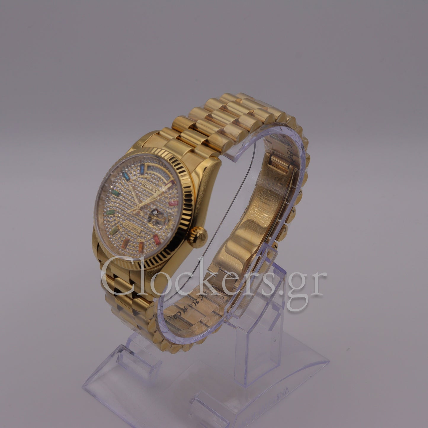 GOLD DAY DATE 36MM WATCH FLUTED BEZEL DIAMOND PAVED RAINBOW SAPPHIRE DIAL