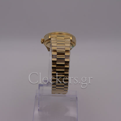 GOLD DAY DATE 36MM WATCH FLUTED BEZEL DIAMOND PAVED RAINBOW SAPPHIRE DIAL