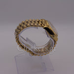 GOLD DAY DATE 36MM WATCH FLUTED BEZEL DIAMOND PAVED RAINBOW SAPPHIRE DIAL